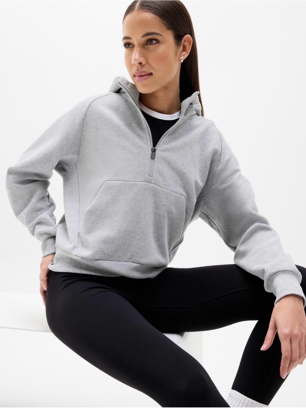 Athleta Light Heather Gray Forever Fleece Half-Zip Hoodie Pullover Sm
